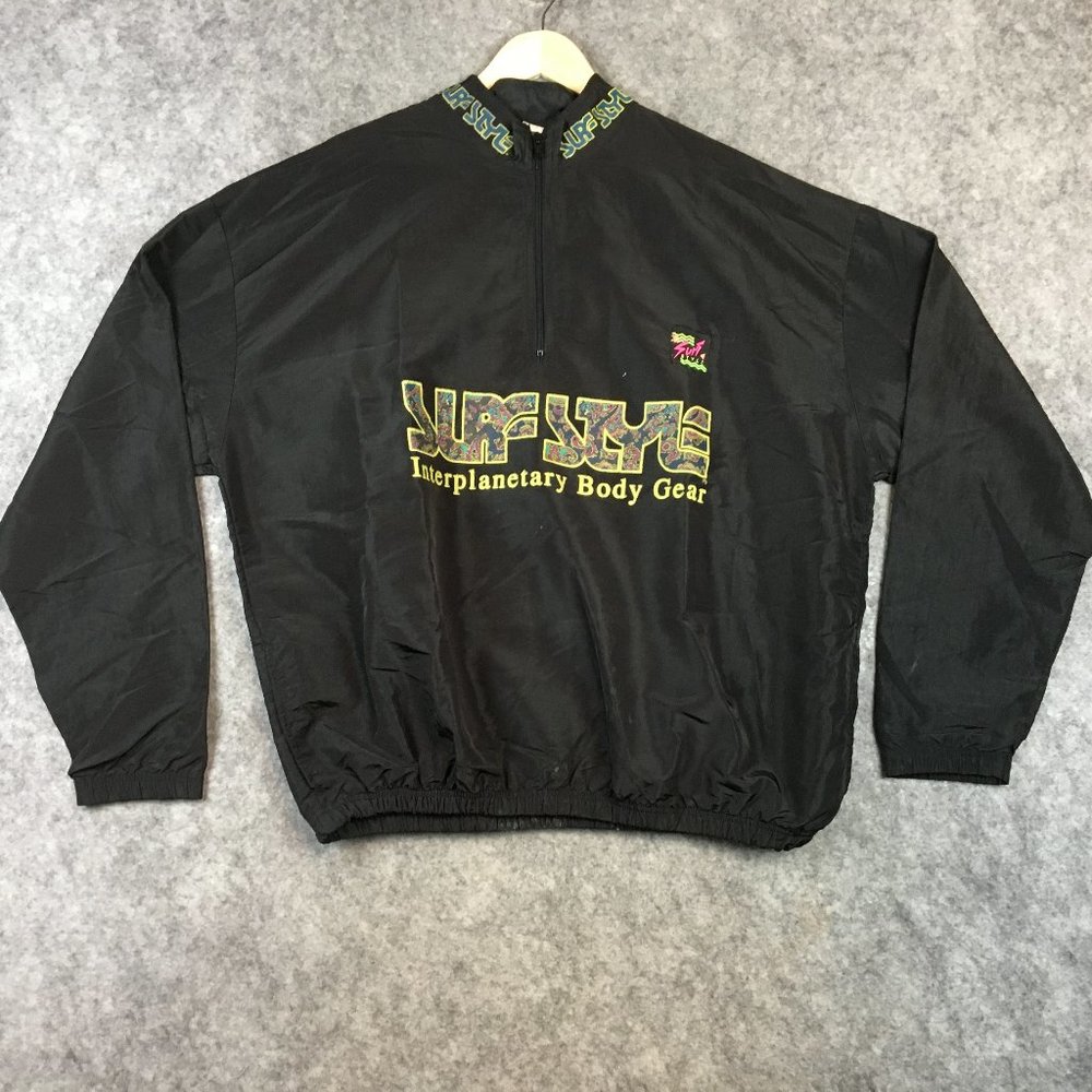 Vintage Surf Pullover Windbreaker One Size Black Nylon Half Zip Elastic Waist
